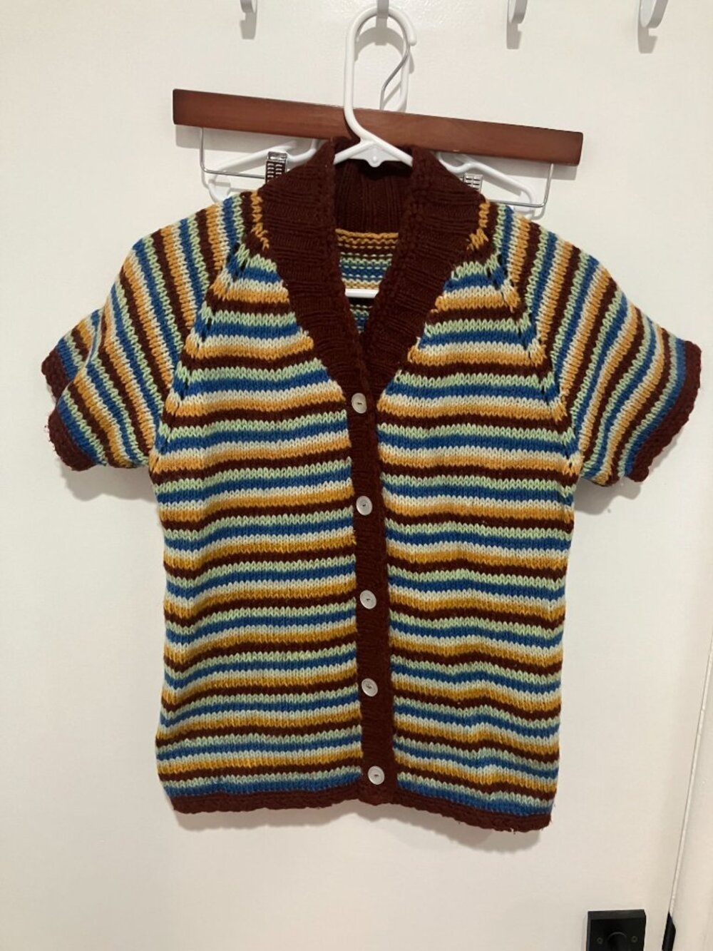 Vintage Handmade Multicolor Striped Short Sleeve Knit Cardigan Top One Size